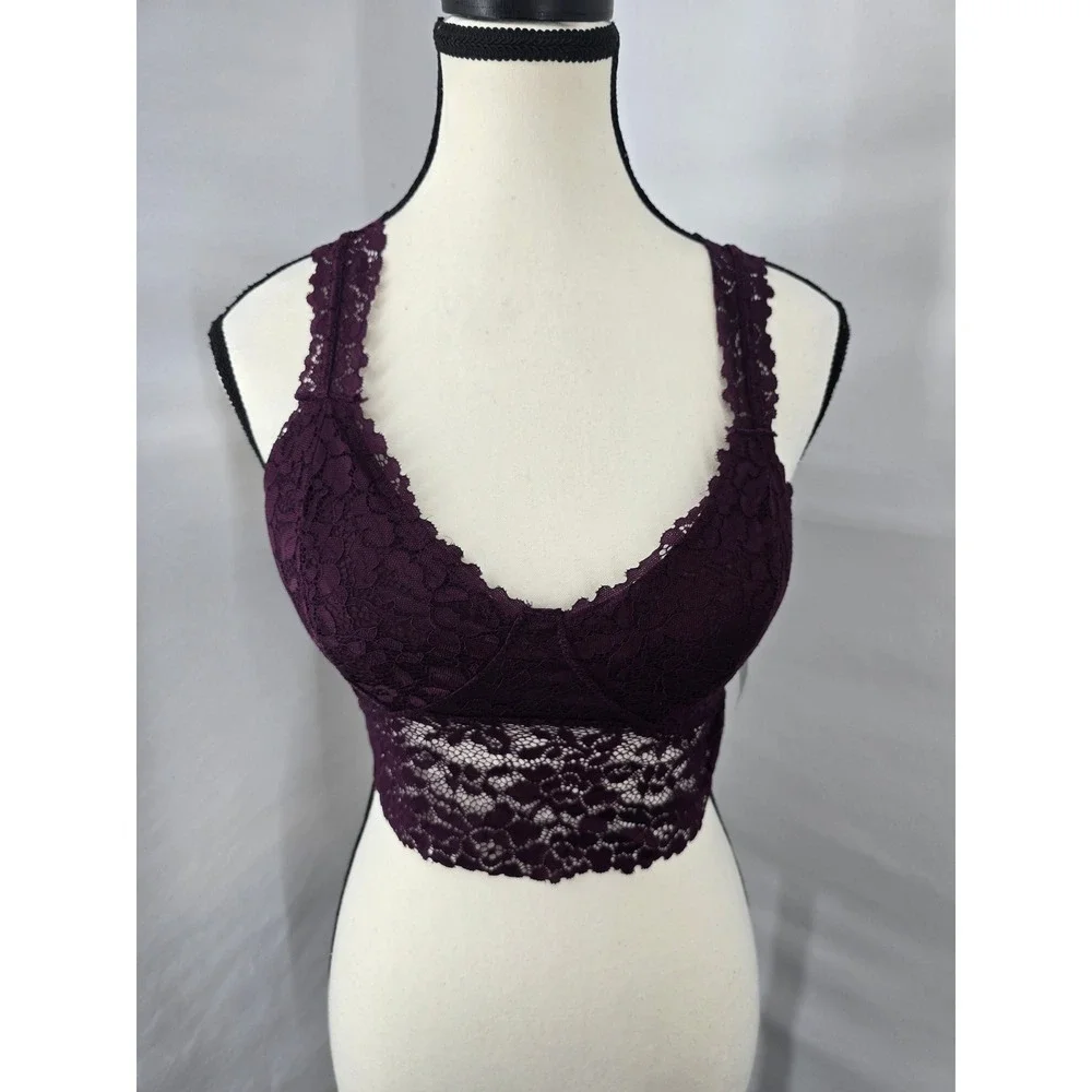 New Free People Adella Lace Bralette Plum Purple V-Neck Longline Boho Medium
